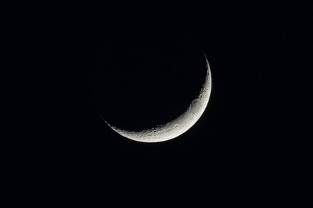 Waxing Crescent Moon. Moonlight In Night Sky. Bright Crescent Moon On Dark Black Night Sky. Amazing Night Sky Landscape And Moon, Stars. Real Sky With Crescent. Copy Spaceの写真素材