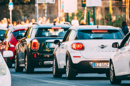 Traffic Jam. Many Cars Stopped On Street In European City In Sunny Summer Day.