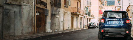 Terracina, Italy. Blue Jeep Renegade Bu 520 Car Parking At Street. Back Viewのeditorial素材