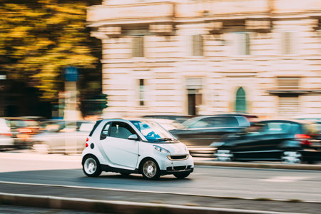 Rome, Italy - October 21, 2018: White Color Smart Fortwo Car Of Second Generation W451 Moving At Streetのeditorial素材