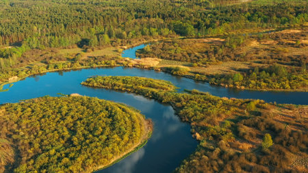 4K Aerial View Green Meadow And Forest On Coast Of Curved River Landscape In Sunny Summer Day. Top View Of Beautiful European Nature From Attitudeの写真素材