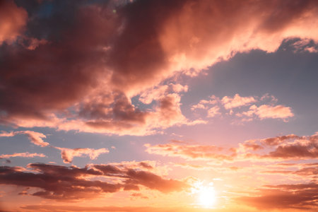 Sunshine in sunrise bright dramatic sky. Scenic colorful sky at dawn. Sunset sky natural abstract...