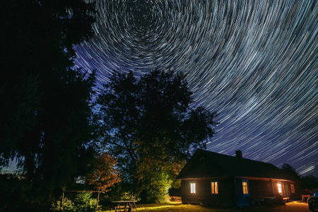 5k . Dramatic Twilight Sky Spin Trails Of Stars On Night Sky Ba