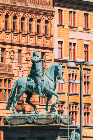 Stockholm, Sweden. Statue Of Former Swedish King Karl XIV Johan Sitting On A Horse Royal Palace. Famous Popular Destination Scenic Place. Close Upの写真素材