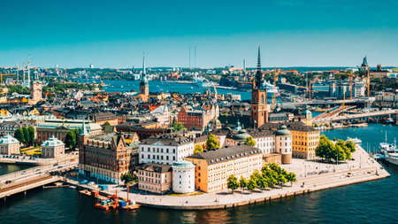 Stockholm, Sweden. Riddarholm Church, The Burial Place Of Swedish Monarchs On The Island Of Riddarholmen. Sunny Cityscape Skyline. Elevated View Of Gamla Stanの写真素材