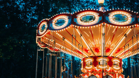 Carousel Merry-Go-Round. Summer Evening In City Amusement Park.