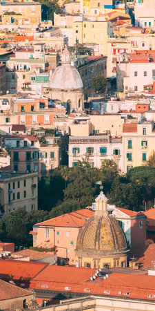 Naples, Italy. Top View Cityscape Skyline With Famous Landmarks In Sunny Day. Many Old Churches And Templesの写真素材