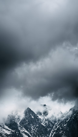Clouds Fly Low Over Rocks. Mountains Peaks Covered With Snow. Varied Mountain Landscape In...