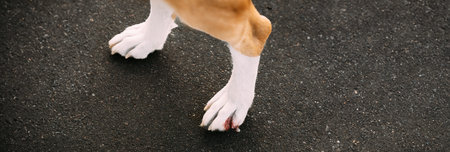 Damaged Claw And Finger In Dog. Dogs Paw Close Up. Broken Dog Nail. Large Dog Paw With Damaged Nail....