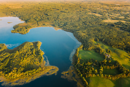 Braslaw District, Vitebsk Voblast, Belarus. Aerial View Of Lakes, Green Forest Landscape. Top View Of Beautiful European Nature From High Attitude. Birds Eye View. Famous Lakesの写真素材