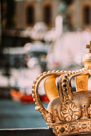 Stockholm, Sweden. Skeppsholmsbron - Skeppsholm Bridge With Its Famous Golden Crown. Popular Place Landmark Destination. Scandinavia Travelの写真素材