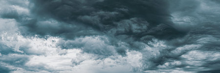 Stormy Sky Before Rain Thunderstorm. Storm Cloudy Sky Background. Panorama, Panoramic View.