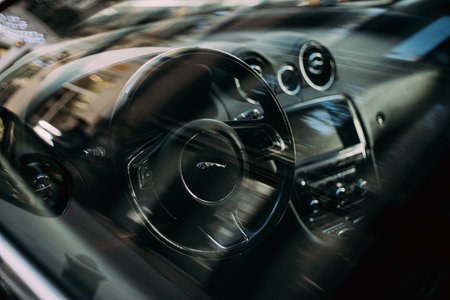 Steering wheel Of Jaguar XJL XJ . The Jaguar XJ is a series of mid-size full-size luxury cars produced by British automobile manufacturer Jaguar Cars.のeditorial素材