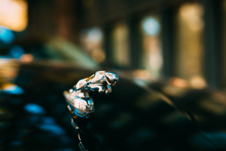 Tbilisi, Georgia. Close Up Of Logo Logotype Sign Of Jaguar XJL XJ on hood. The Jaguar XJ is a series...