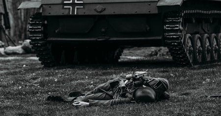 Close Up View On Re-enactor Dressed As German Wehrmacht Soldier Lies Slain In Reconstruction Of Battles World War Ii Near Wehrmacht Light Panzer Tank. German Infantry Soldier. Black And Whiteの写真素材