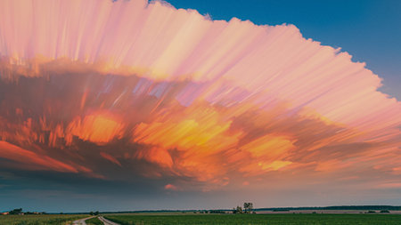 Of Moving Clouds Trails Sky. Amazing Effects Of Smeared Clouds. Long Exposure Fasters Clouds Above...