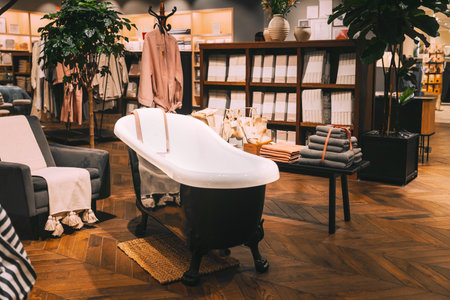 Home accessories and household products in store of shopping centre. View of home accessories for living room in shop fashion retail store. Sofa with pillows. View of assortment of decor for interior shop in store of shopping center.の写真素材