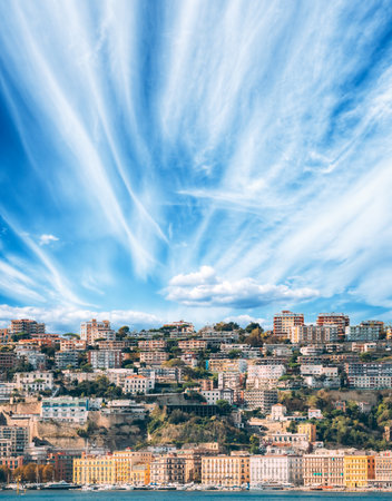 Terracina, Italy. Residential Area In Mergellina District. Hilly Cityscape In Summer Sunny Day Under Blue Cloudy Sky.の写真素材