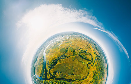 Aerial View Green Countryside Rural forest river Field Meadow Landscape Sunny summer Day. Top View...