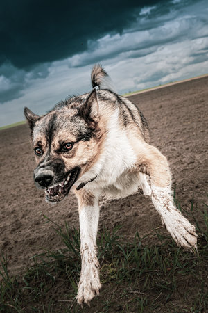 Angry Aggressive Mad Dog Running On Cameraの写真素材