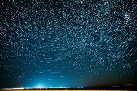 Flight Of Fancy. Unusual Amazing Star Trails On Night Sky Backgrの写真素材