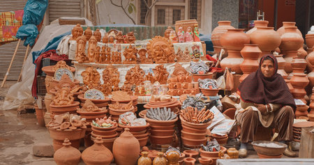 New Delhi, Delhi, India. Indian woman selling pots, vases and other Oriental Ceramic Traditional...