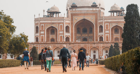 New Delhi, Delhi, India. People visiting Humayuns tomb. Famous place is Tomb of Mughal emperor, Mirza Nasir al-Din Muhammad commonly known as Humayun situated in Delhi, India. UNESCO World Heritage Site.のeditorial素材