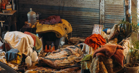New Delhi, Delhi, India. Indian Homeless woman sleeping on the street, covered with a blanket and clothesのeditorial素材