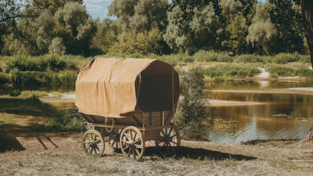Close-up view on Russian Soviet World War Ii Peasant Cart On River Bank. Wwii Equipment Of Red Army. Historical Re-enactmentの写真素材