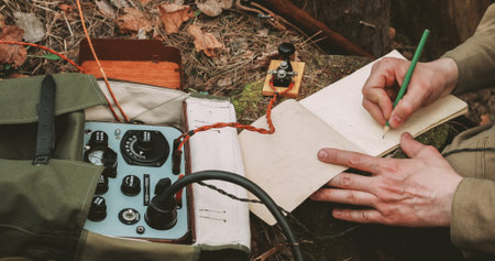 Russian Soviet Infantry Red Army Soldier In World War II using Russian Soviet Portable Radio Transceiver In Trench Entrenchment In Spring Autumn Forest. . Headphones And Telegraph Key. Close Up Handsの写真素材
