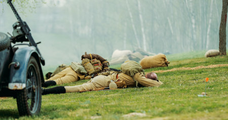 Soviet Russian Infantry Soldier In World War Ii. Re-enactor Dresの写真素材