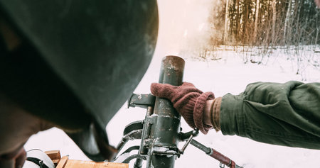 Mortar Shooting Explosions Forest. Close-up View On Re-enactors Dressed As American Infantry...