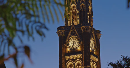 Close-up view on Rajabai Clock Tower In Evening Illumination. Clock Tower In Mumbai India. Confines Of Fort Campus Of University Of Mumbai. It Stands At Height Of 85 M or 280 Ft. Modeled It On In Londonの写真素材