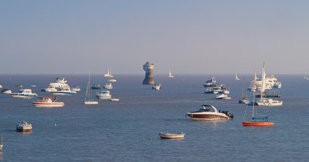 Mumbai, India. View On Many Ships And Boats Drift In Mumbai Harbour Or Bombay Harbour Or Front Bay. Picturesque Bay Situated In Arabian Sea. Boat Floating On Arabian Seaのeditorial素材