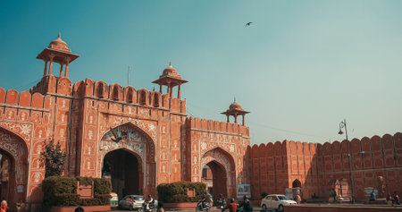 Jaipur, Rajasthan, India. Chandpole Or Moon Gate Is One Of Jaipurs Best Examples Of Rajput Architecture. Majestic Chandpole Gives An Excellent View Of Iconic Old Bazaar And Glimpse Of Rajasthani Culture. Pigeons Fly In . Busy Traffic In City Streetの写真素材