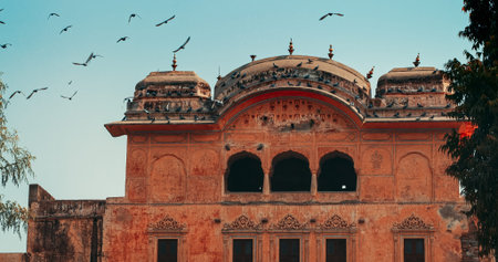Fortress Gates In Jaipur. Part Of Former Fortification Wall Of City. Fly Pigeons In . Architecture...