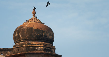 Varanasi, Uttar Pradesh, India. Crow Sits On A Tower Of Chet Singh Fort, Jain Ghat. Clear Blue Sky. Flight. Ancient Fort. Red Wall Of Chet Singh Fortの写真素材
