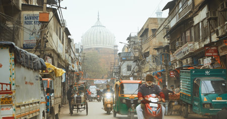 New Delhi, Delhi, India. Traffic On Chawri Bazar Rd road Street. The Delhi Cathedral Mosque Jama Masjid is visible in background. . Tuk tuk driver carries a passenger along busy street. Cars, Motorcycles, Rickshaw Or Tuk-tuk Moving On Street In morning. Vのeditorial素材