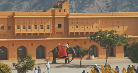 Jaipur, Rajasthan, India. People tourists ride on elephant along Amer fort walls during visit Amber Fort. Amer Palace is great example of Rajput architecture. Amber Fort principal tourist attraction in Jaipur. Walking with big elephant in streetの写真素材