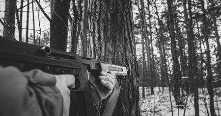 Usa Soldier With Old Thompson Sub-machine Gun. Close-up View Detail On Thompson Sub-machine Gun In...