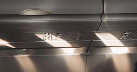 Sun Shining From Airplane Aircraft Plane Window In Cabin Cabin. Shadows moving inside plane cabin...
