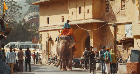 Jaipur, Rajasthan, India. Elephant Walking Along City Street. Elephant Ride Is Tourist Attraction In Jaipur. Busy Traffic On Narrow Street. Elephant With Ring Bell and Painted With Colorful Paints And Patternsのeditorial素材