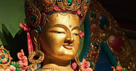 Close-up view on Buddha. Gompas Are Buddhist Altars Or Monasteries Located In Himalayan Region. Altar Represents Triratna -three Jewels-, Buddha, Dharma -discussions And Teachings Of Buddha- And Sangha -monastery-の写真素材