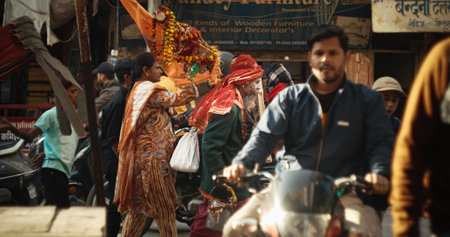 Varanasi, Uttar Pradesh, India. Traffic On Street . Motorcycles, Auto Rickshaw Or Tuk-tuk Moving On Street. .のeditorial素材