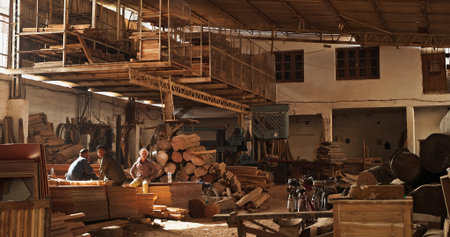 Varanasi, India. Indian men workers resting at the sawmill Indoor