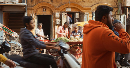 Varanasi, Uttar Pradesh, India. Trishaw cycling in Traffic On Street.のeditorial素材