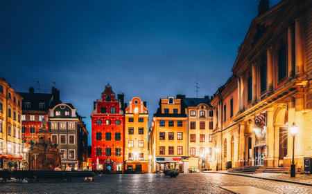 Stockholm, Sweden. Famous Old Colorful Houses, Swedish Academy and Nobel Museum In Old Square Stortorget In Gamla Stan. Famous Landmarks And Popular Place.のeditorial素材
