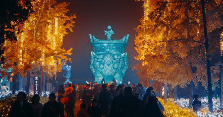 Beijing, China. Zigong Lantern Festival In Beijing. National Color. Color Lantern In Form Of Ox Or Water Buffalo Also Bubalus Bubalis. Statue Of Ox Or Water Buffalo At Lantern Festival In Beijing Garden Expo Park. Chinese Traditional Lantern Festival. Asiのeditorial素材