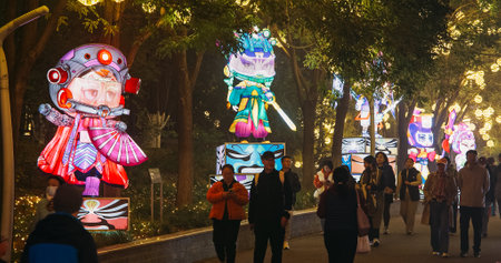 Beijing, China. People Visit Zigong Lantern Festival In Beijing. National Color. Lantern Festival In Beijing Garden Expo Park. National Intangible Cultural Heritage Of China. Asian Culture. Chinese Traditional Lantern Festival. Alley Of Lanternsのeditorial素材