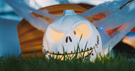Halloween Holiday. Halloween Jack-o-lantern Pumpkin Tradition. Halloween Background With Lantern And Pumpkin On Grass. Concept Halloween Decoration With Glowing Jack O Lantern And Candle Lampの写真素材